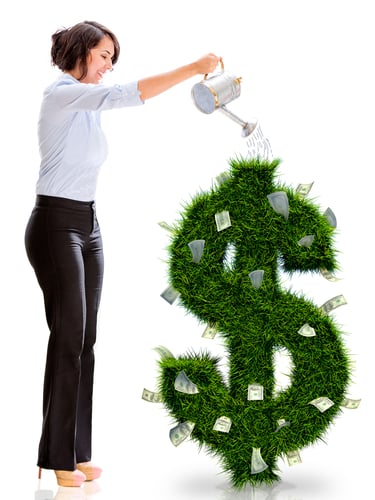 Business woman watering money plant - isolated over a white background