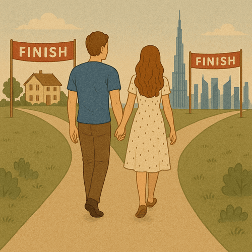 A couple walking toward two different finish lines.