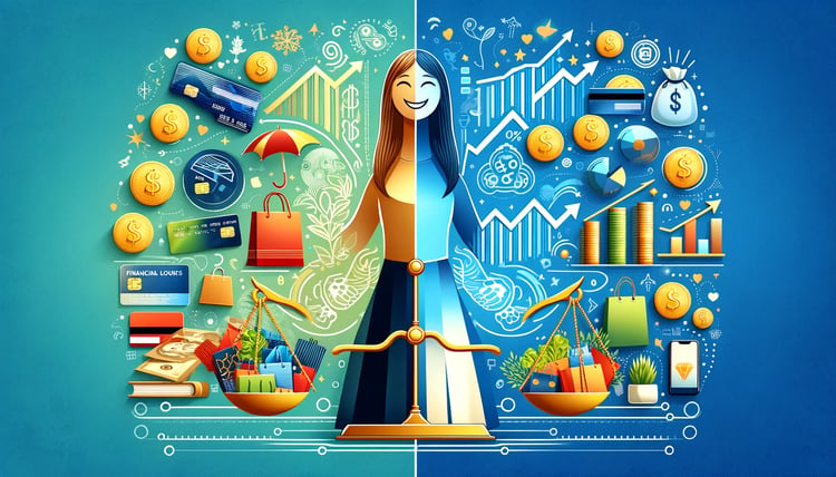 DALL·E 2024-02-16 15.57.01 - A harmonious blend of shopping and investment concepts, symbolized in an image. The left side shows joyful shopping elements like shopping bags, a cre